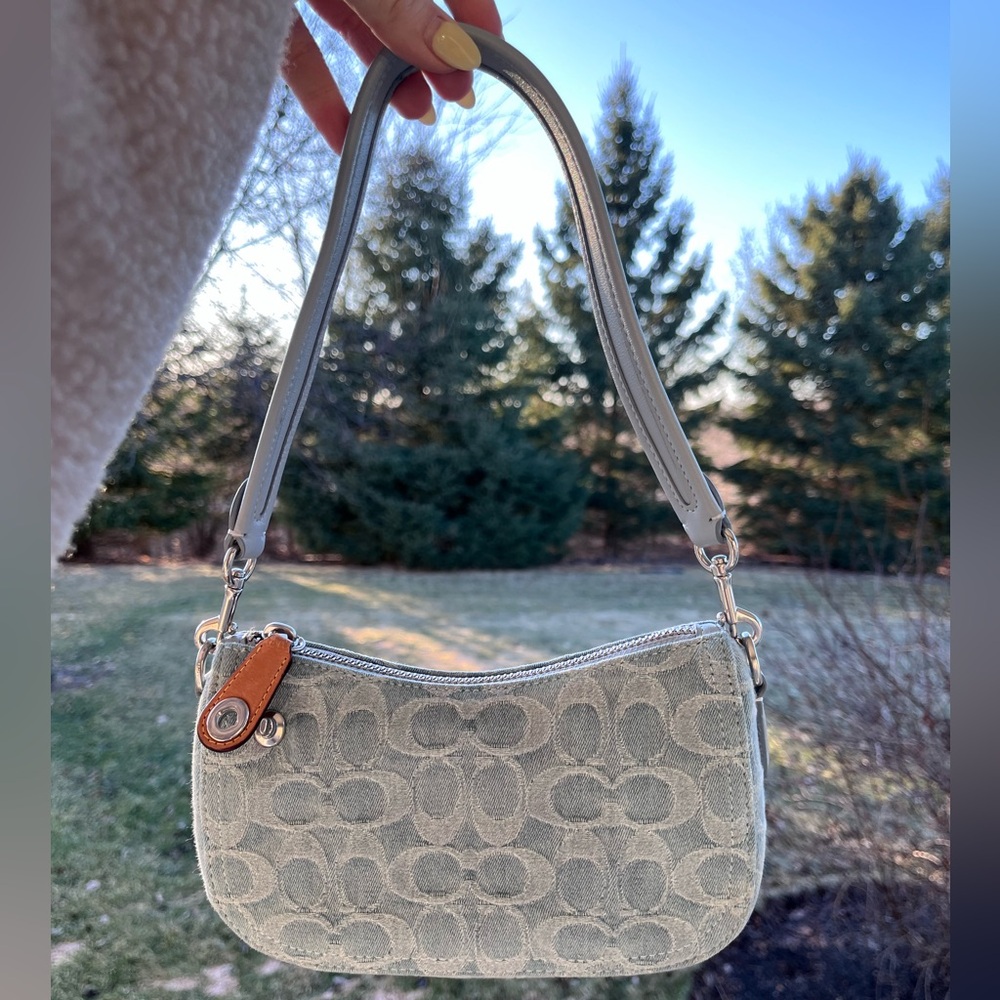 Coach swinger 20 signature denim crossbody bag purse silver blue shoulder bag - Picture 10 of 11